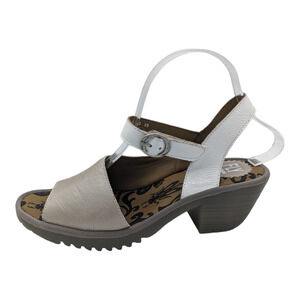 Fly London Wely Silver Off White Leather Lug Sole Sandals Hook Loop Strap 39